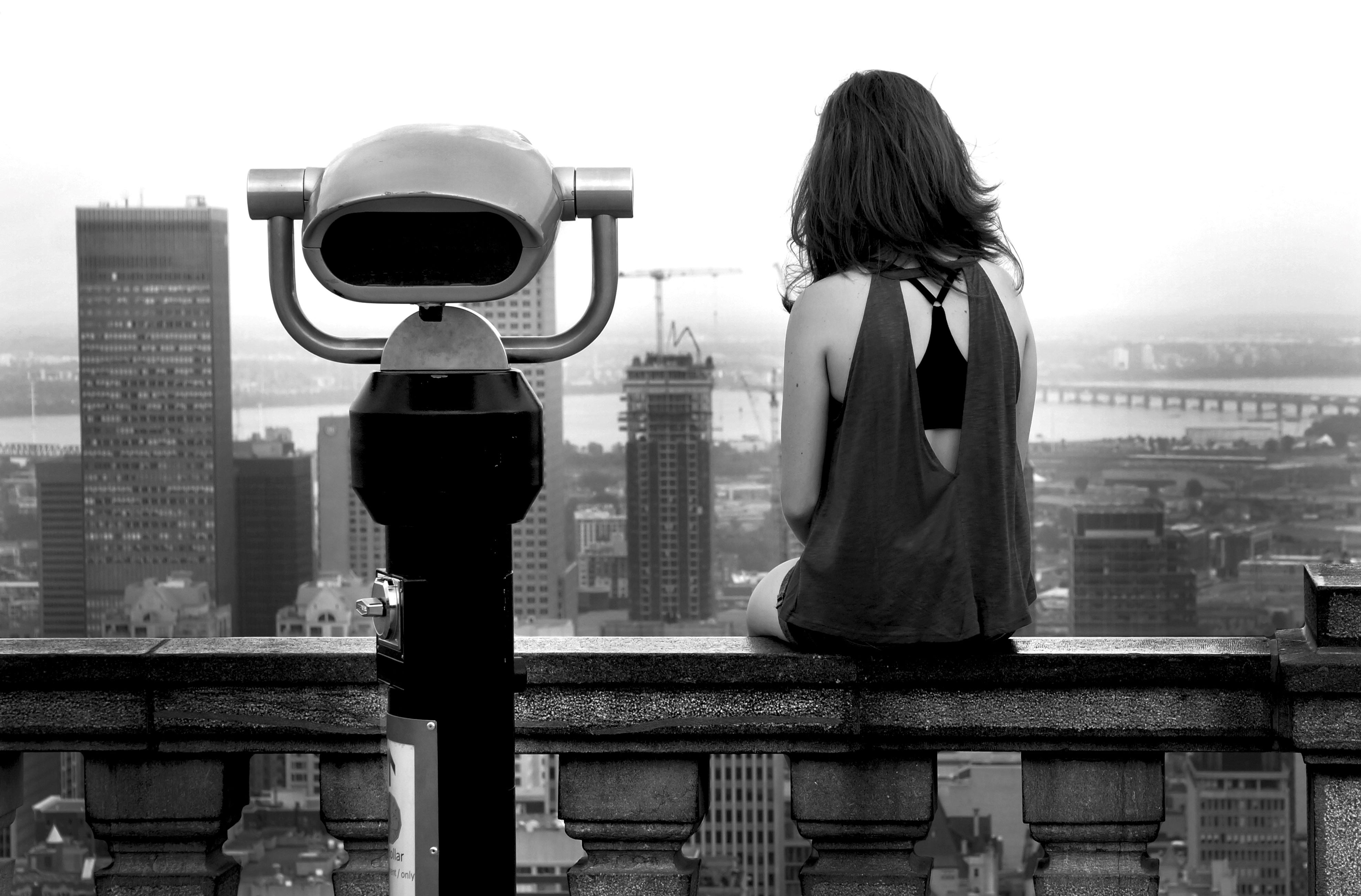 1. Black and white photo of girl and viewer.