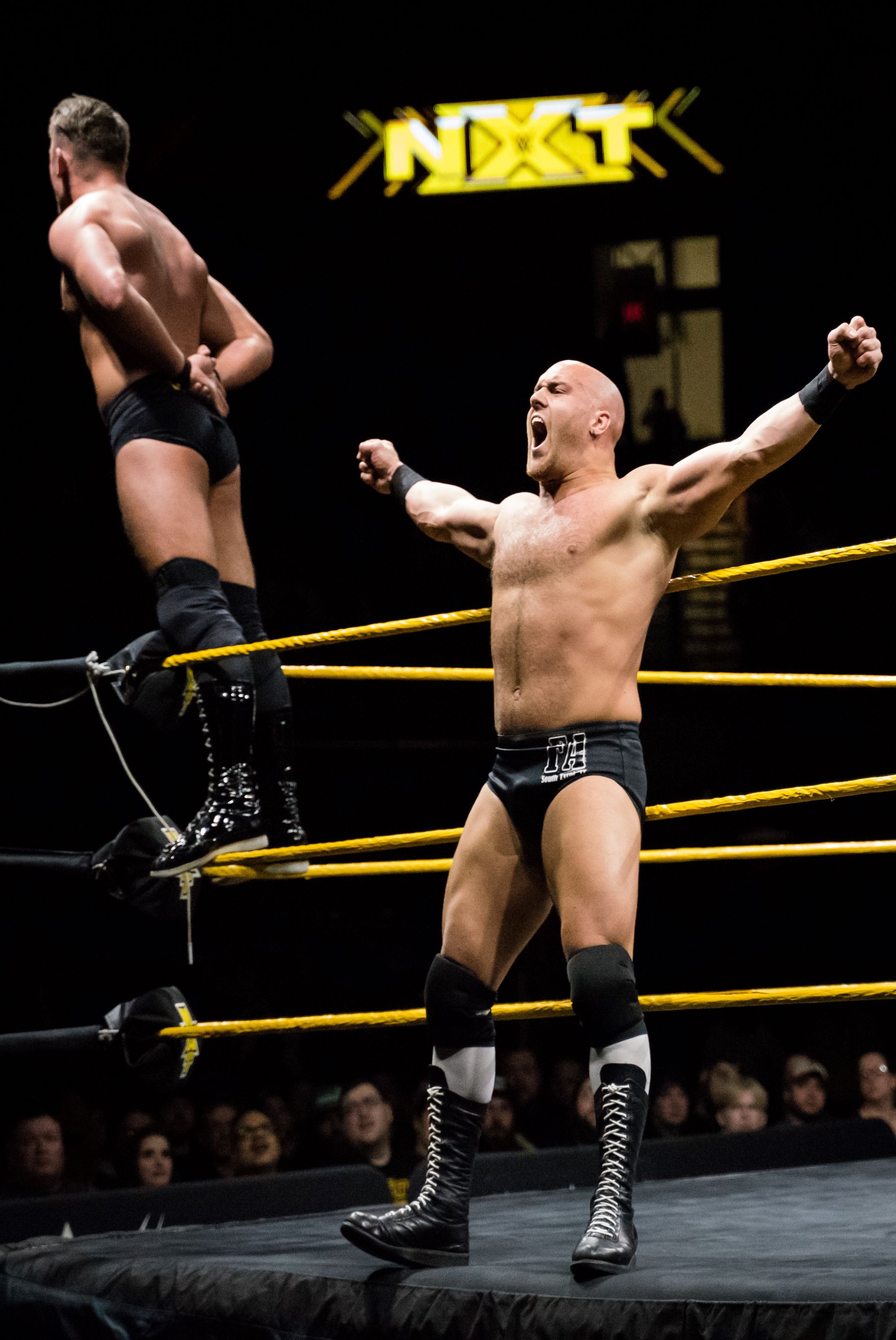 Two wrestlers posing in the ring and on the ropes.